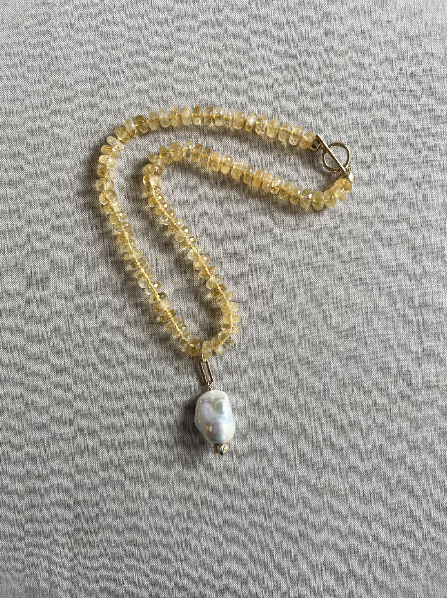 Citrine Necklace with Baroque Pearl Accent