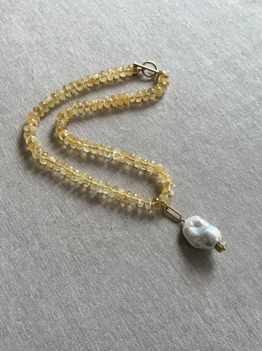 Citrine Necklace with Baroque Pearl Accent