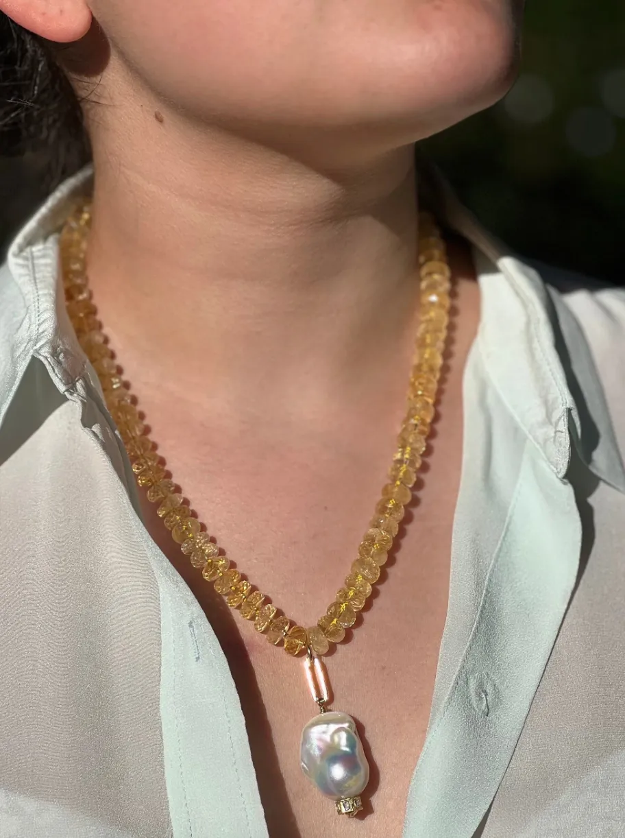 Citrine Necklace with Baroque Pearl Accent