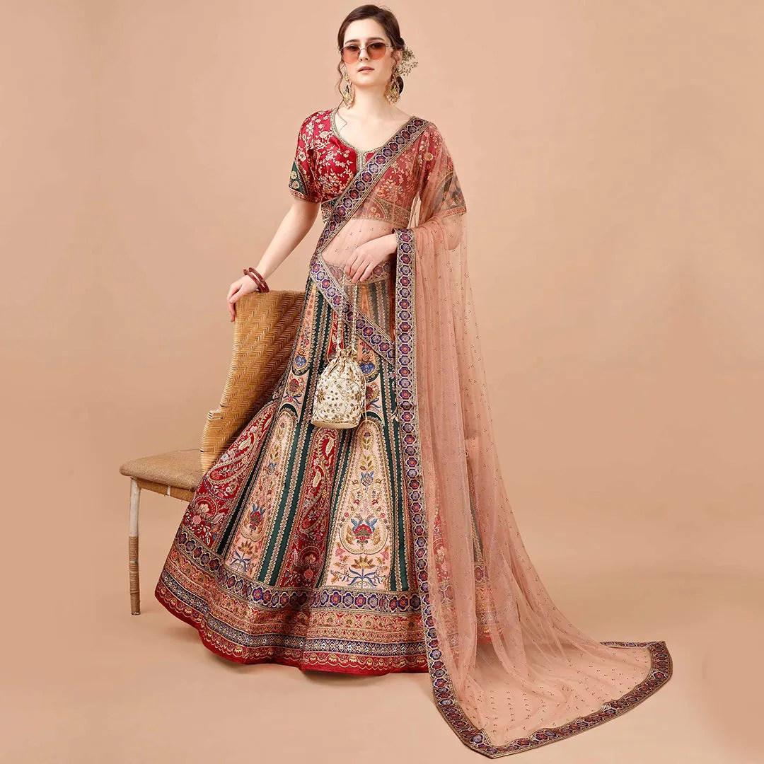 Classic Red and Peach Banarsi Lehenga Set