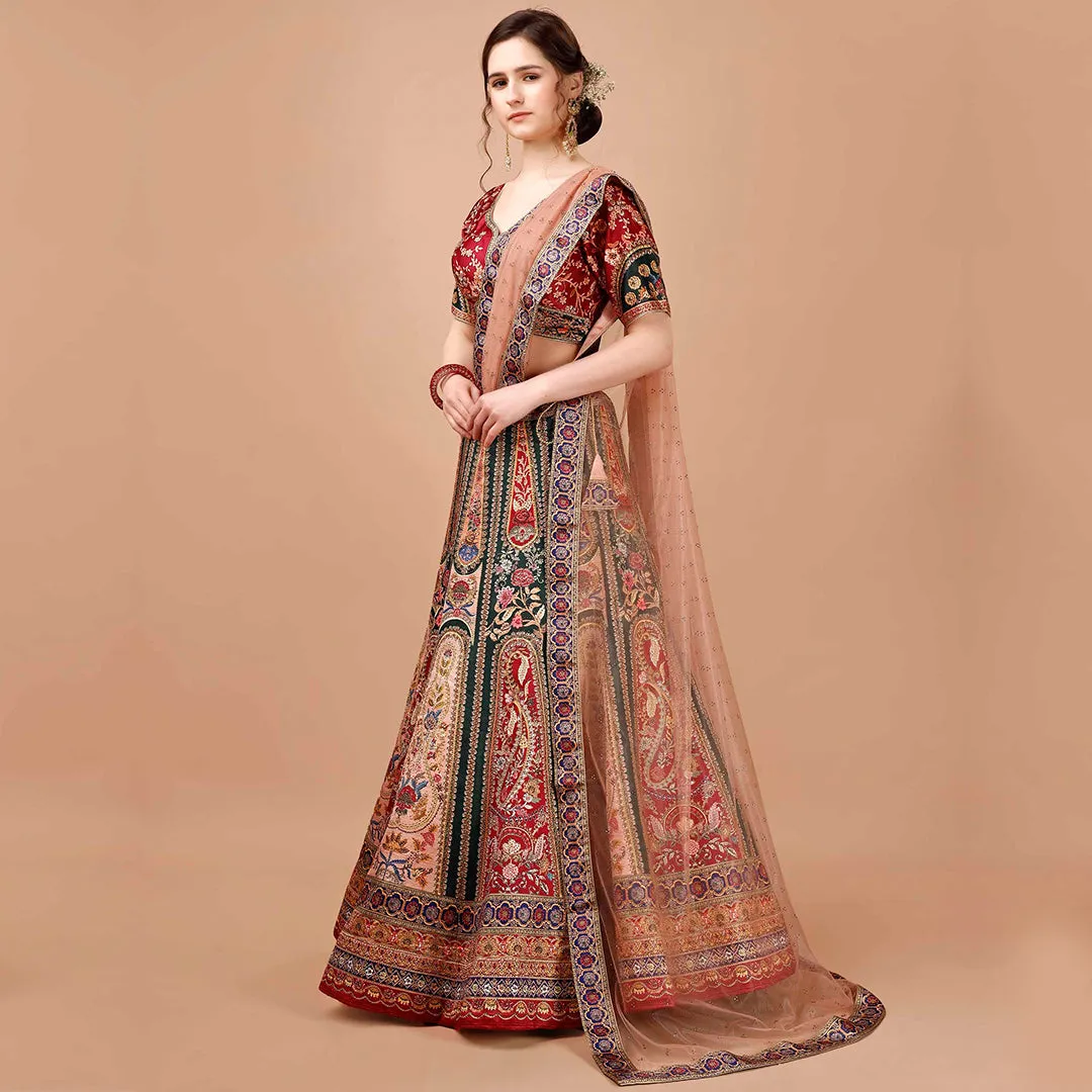 Classic Red and Peach Banarsi Lehenga Set