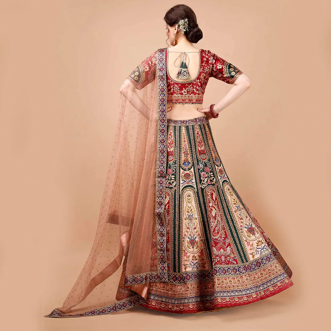 Classic Red and Peach Banarsi Lehenga Set