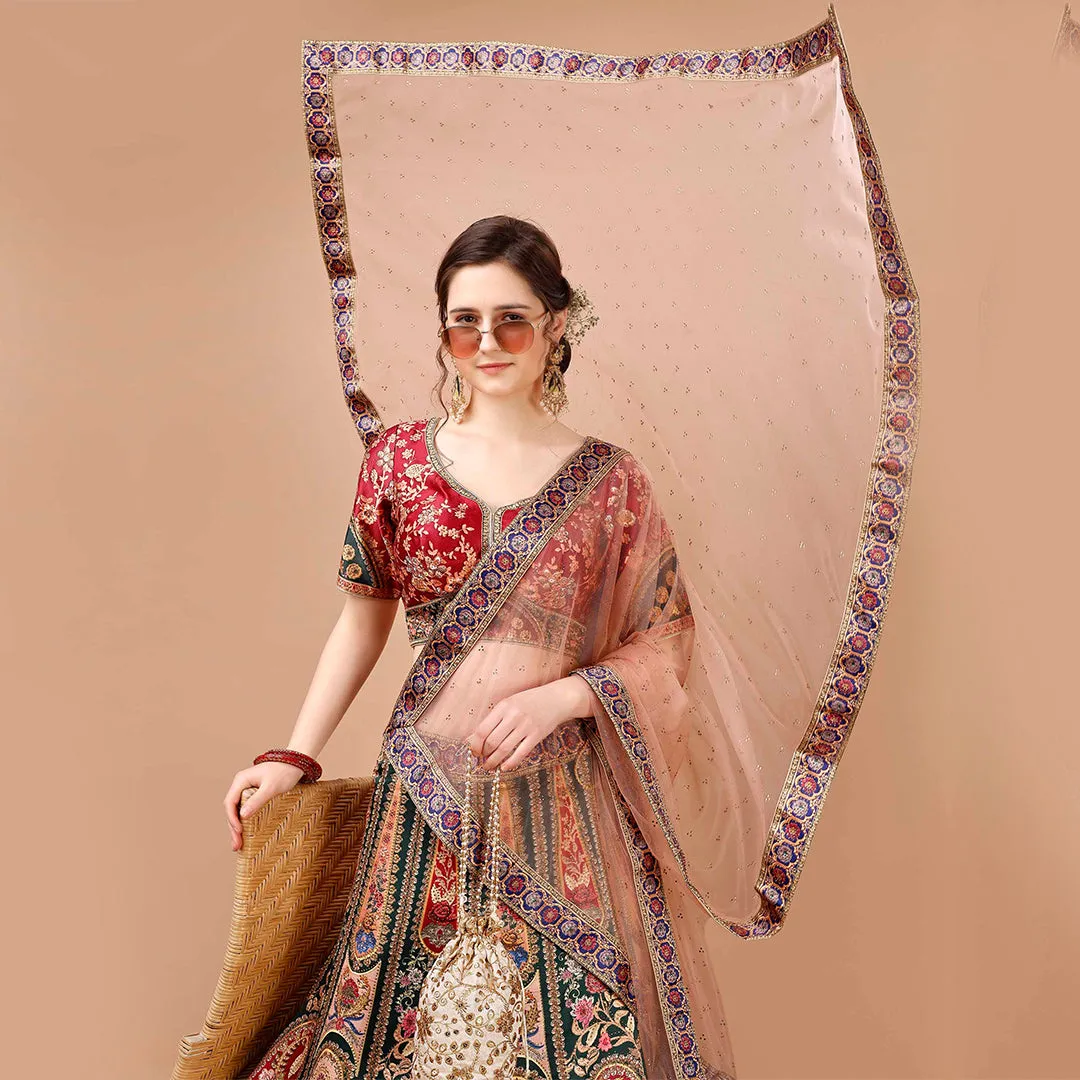 Classic Red and Peach Banarsi Lehenga Set