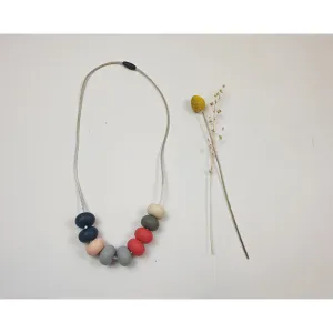 Colourful rubber feel beaded necklace with grey non-leather twine
