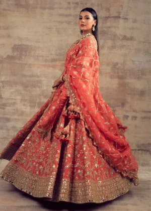 Coral Color Raw Silk Lehenga with Mirror and Gotta Embroidery PADMAVATI