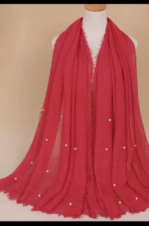 Crinkle Cotton Hijab with Pearl- Red