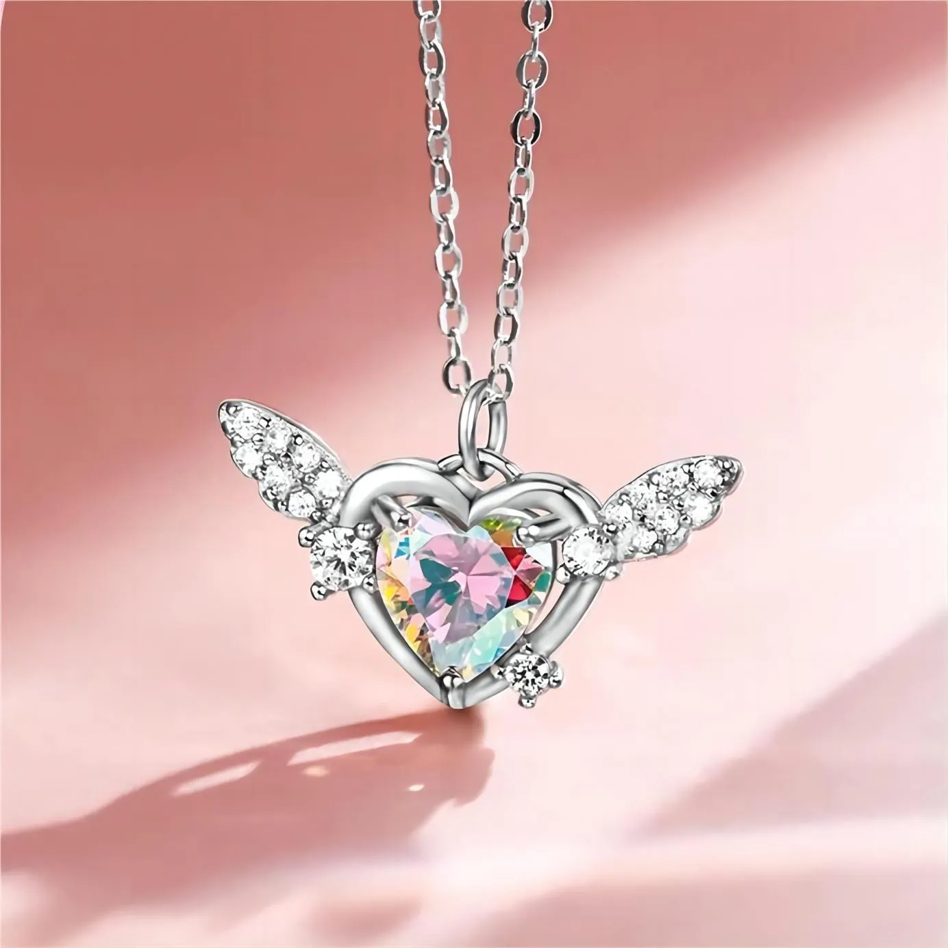 Dainty CZ Inlaid Heart Wings Necklace