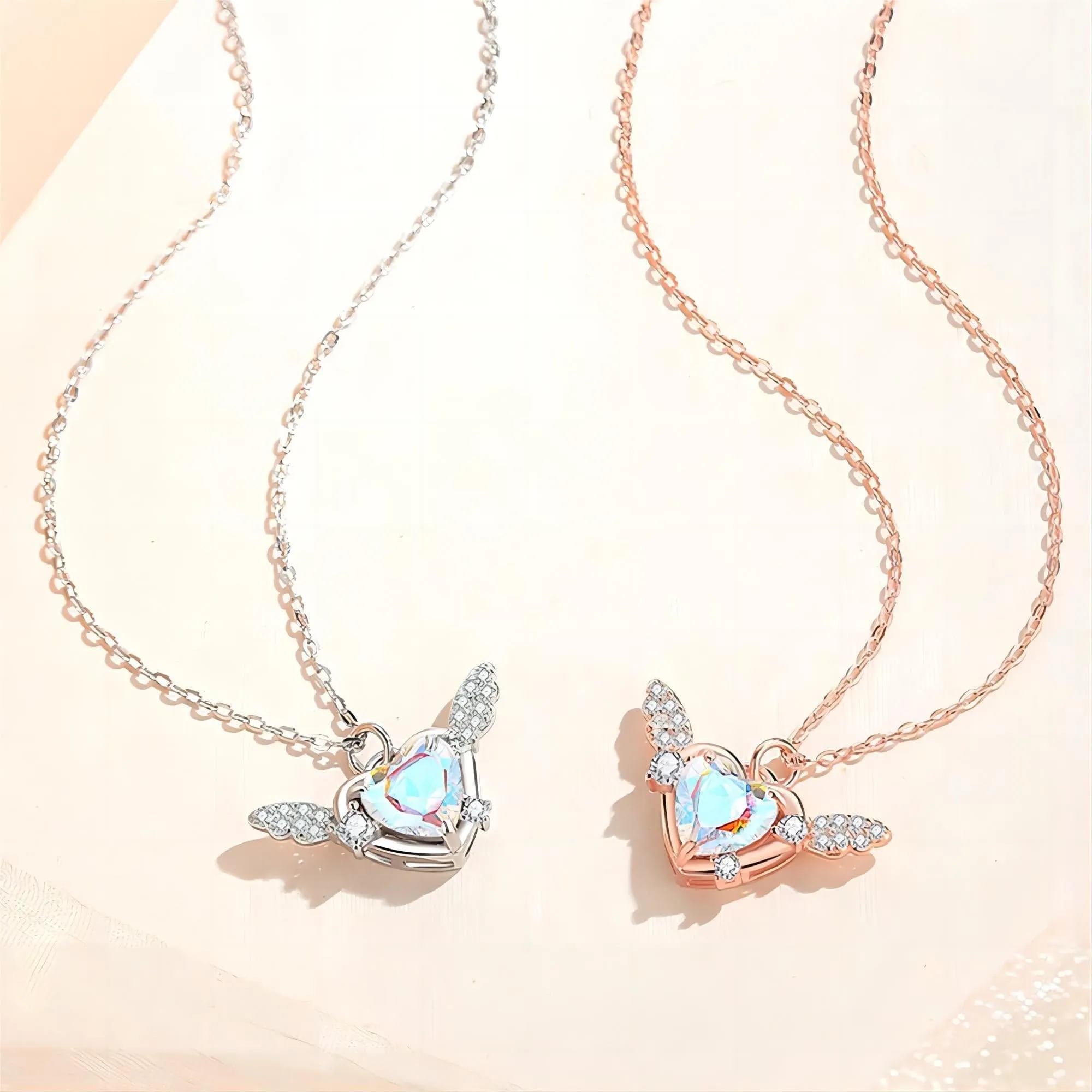 Dainty CZ Inlaid Heart Wings Necklace