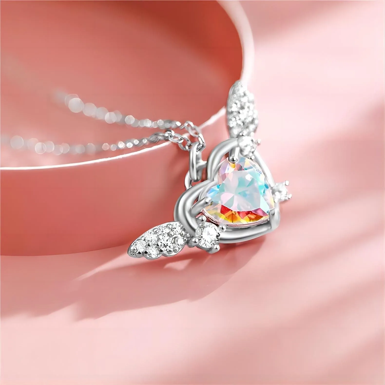 Dainty CZ Inlaid Heart Wings Necklace