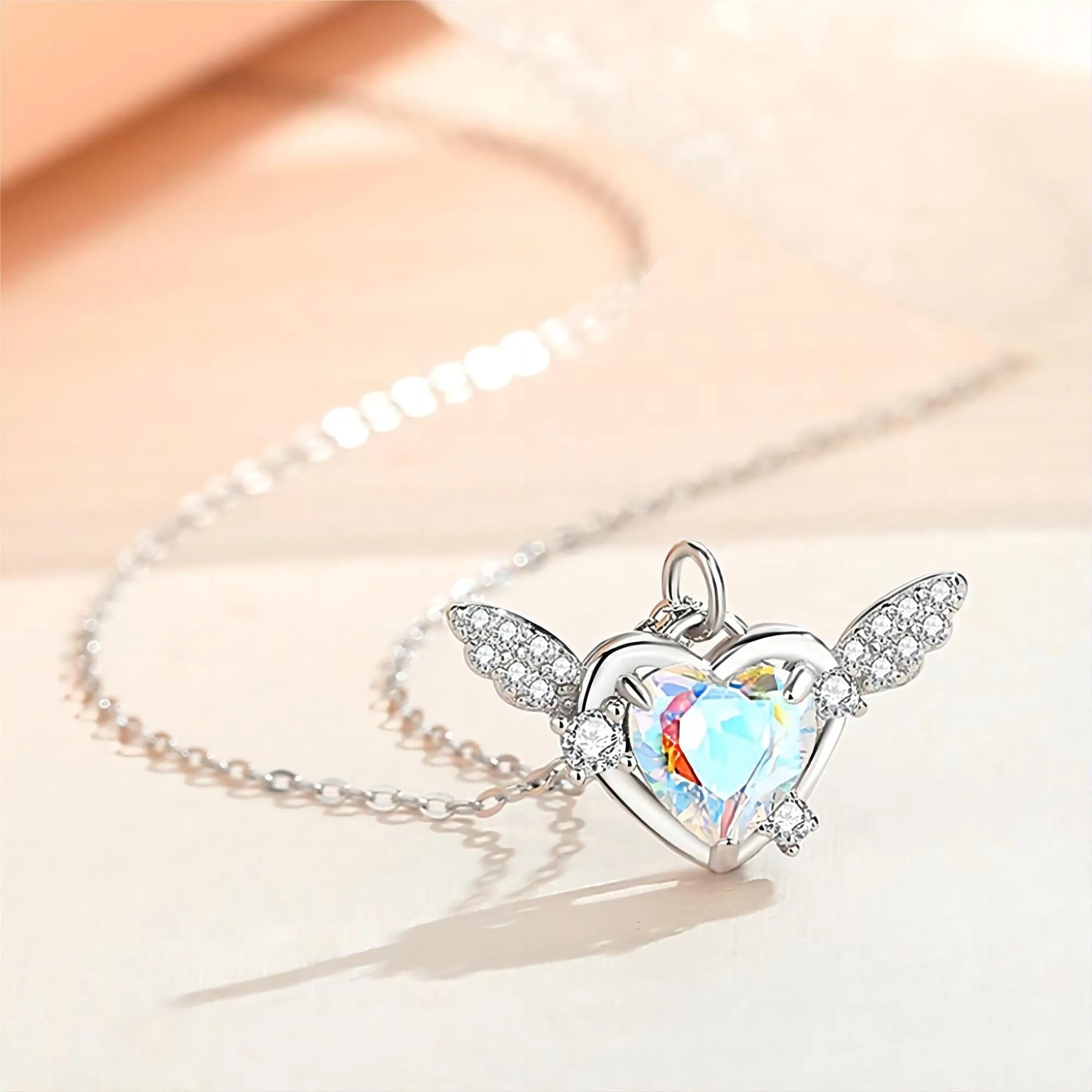 Dainty CZ Inlaid Heart Wings Necklace