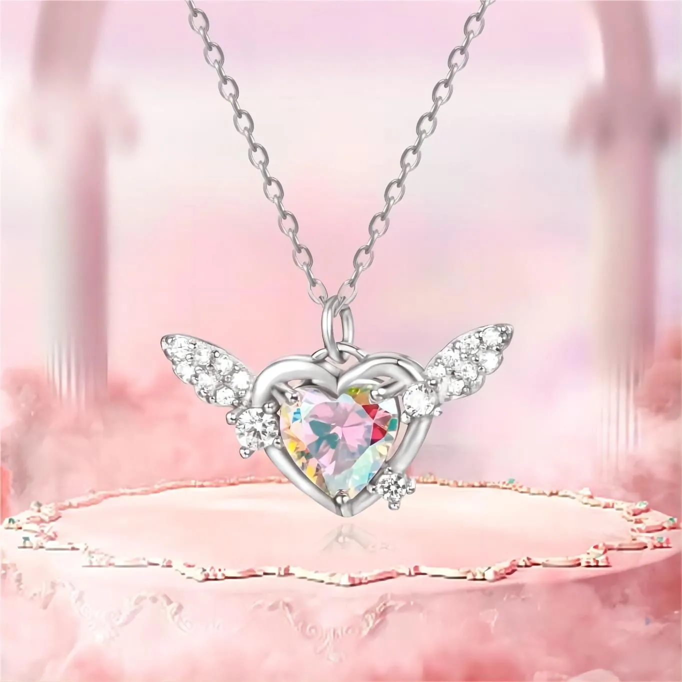 Dainty CZ Inlaid Heart Wings Necklace
