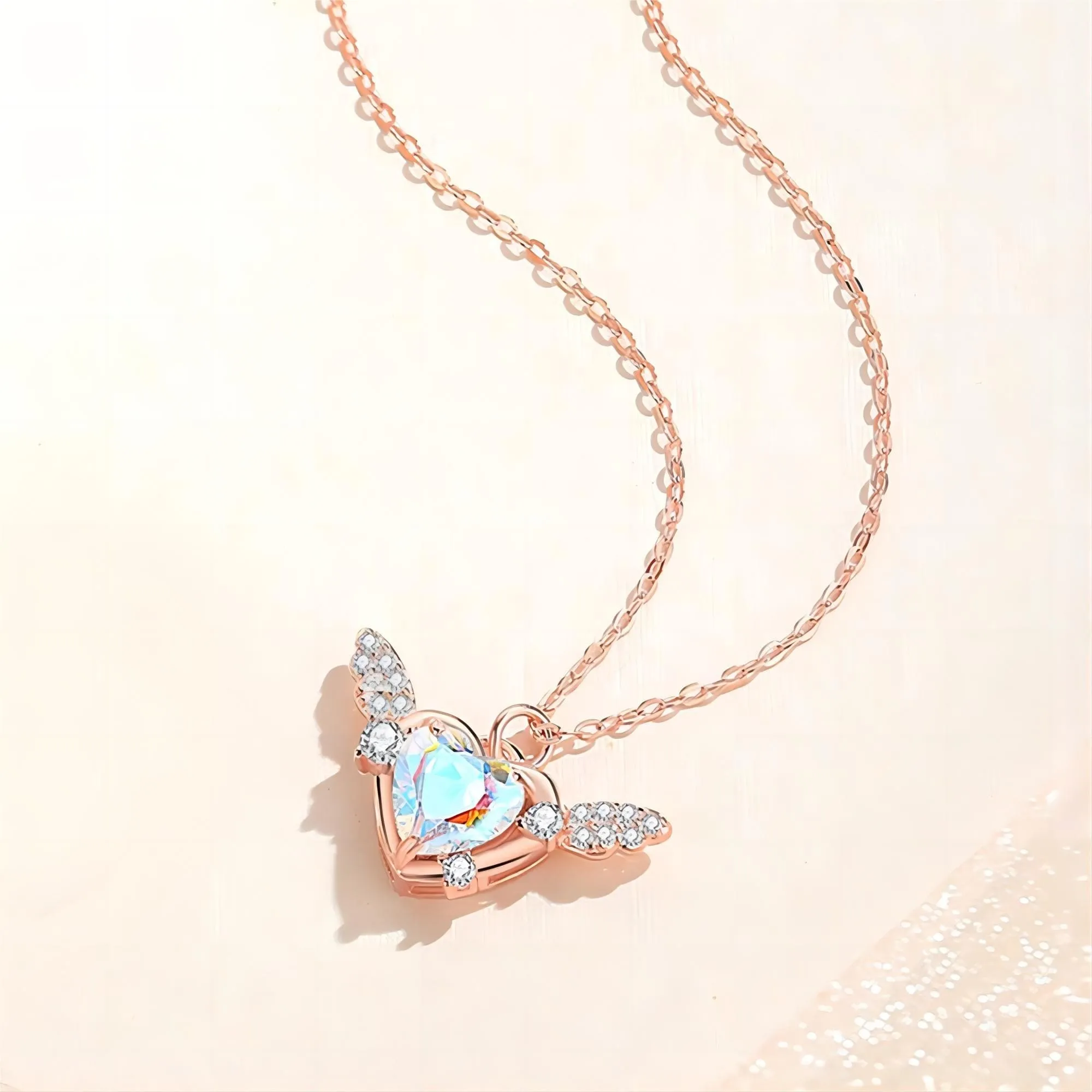 Dainty CZ Inlaid Heart Wings Necklace