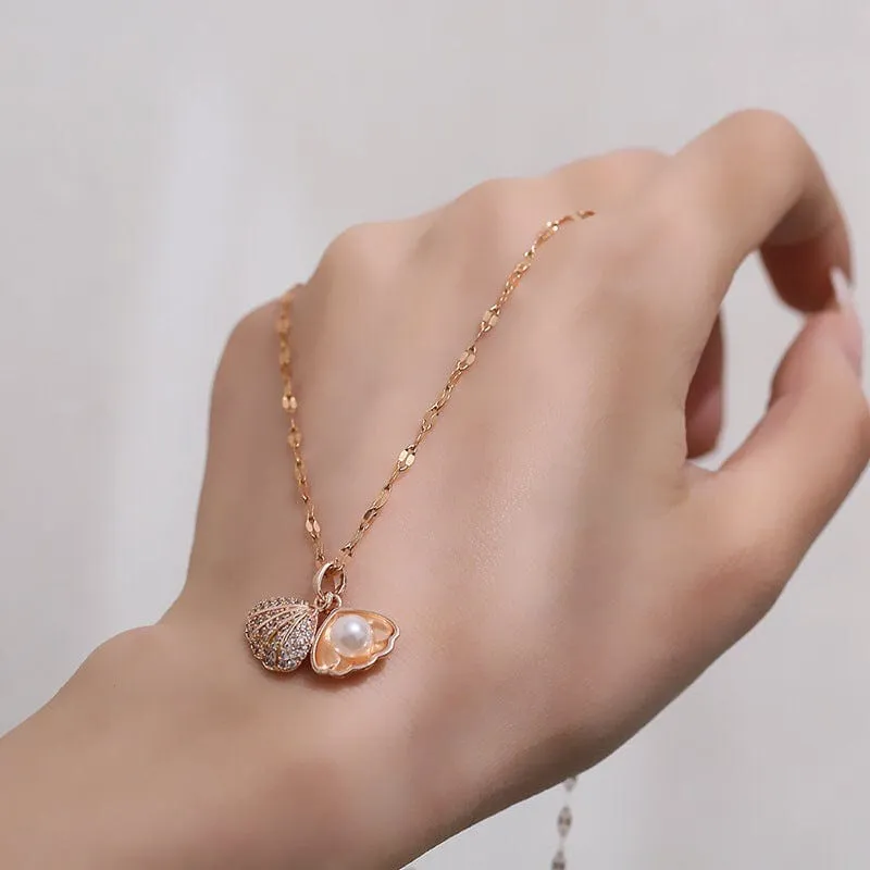 Dainty CZ Inlaid Pearl Shell Pendant Chain Necklace