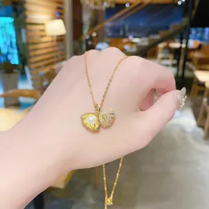 Dainty CZ Inlaid Pearl Shell Pendant Chain Necklace