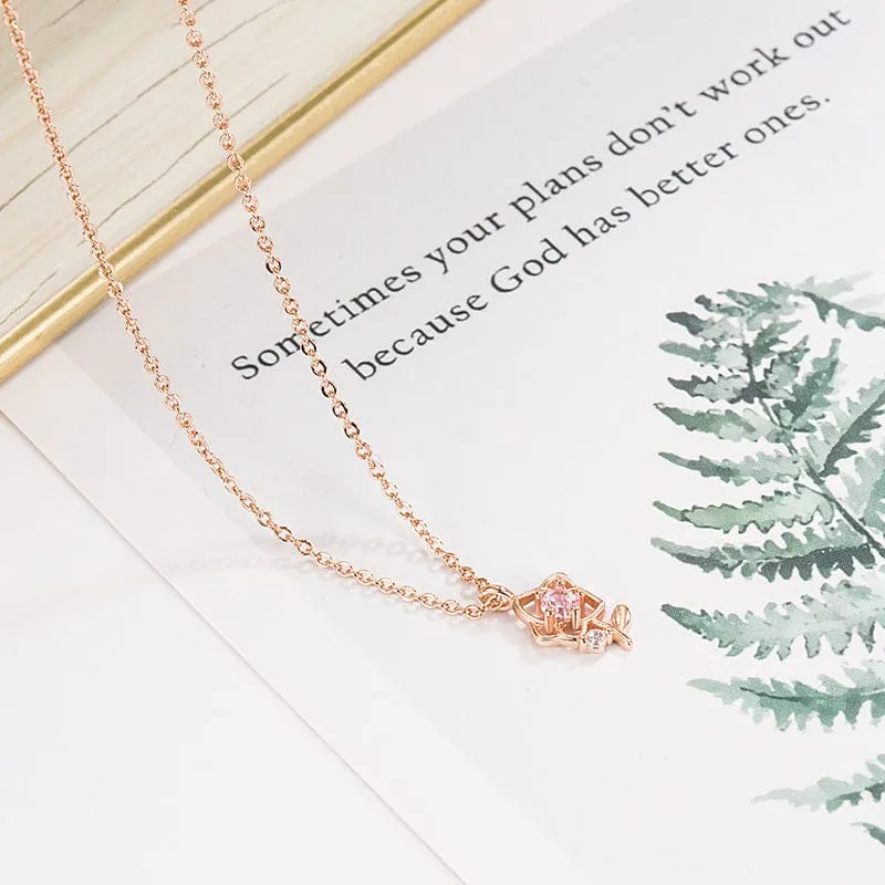Dainty Pink Crystal Rose Pendant Necklace