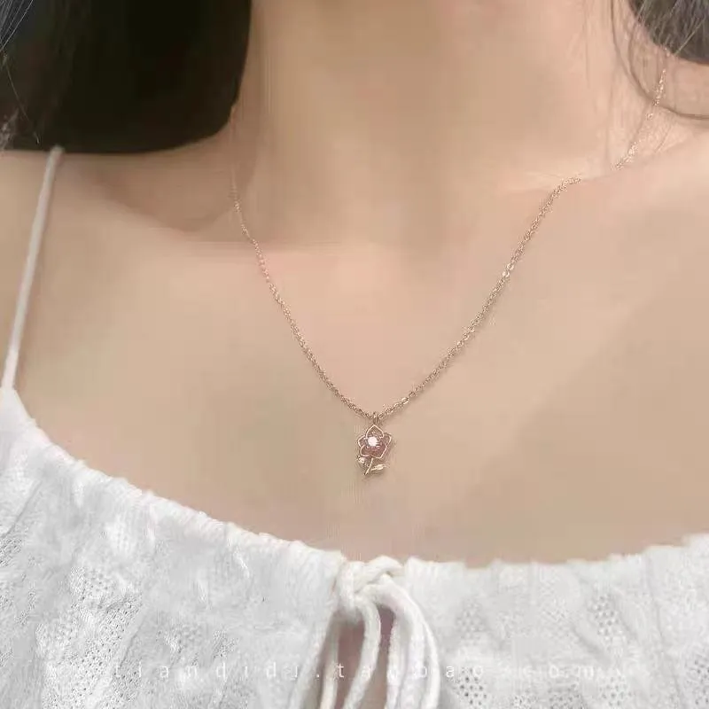 Dainty Pink Crystal Rose Pendant Necklace