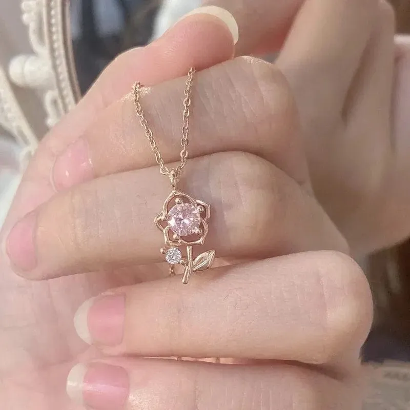 Dainty Pink Crystal Rose Pendant Necklace