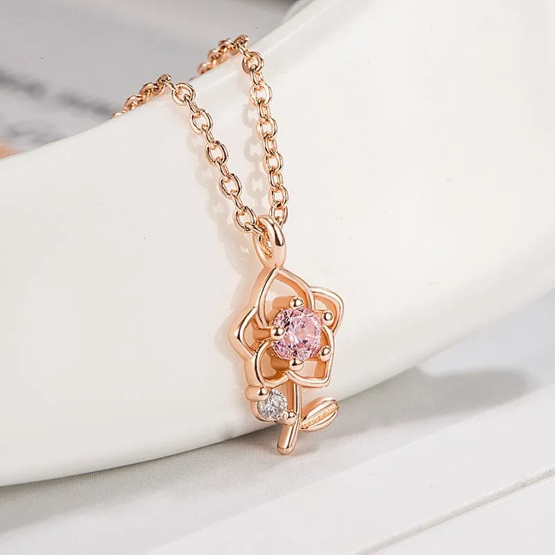 Dainty Pink Crystal Rose Pendant Necklace