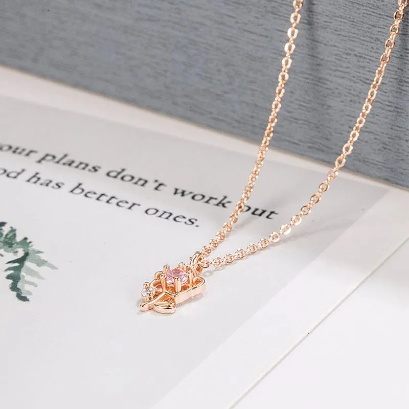 Dainty Pink Crystal Rose Pendant Necklace