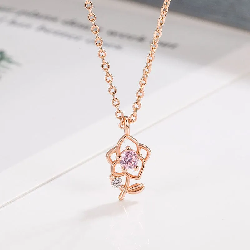 Dainty Pink Crystal Rose Pendant Necklace