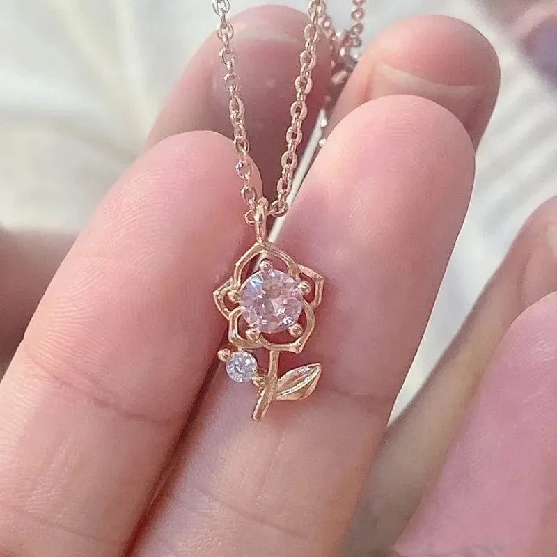 Dainty Pink Crystal Rose Pendant Necklace