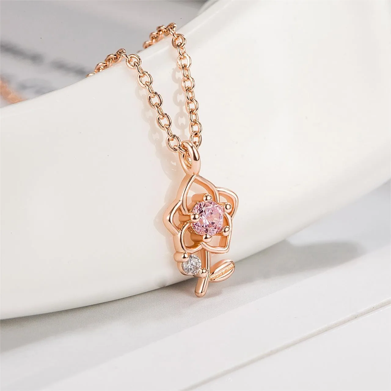 Dainty Pink Crystal Rose Pendant Necklace