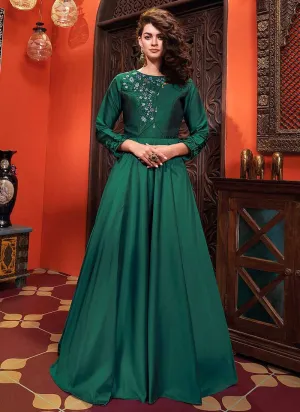 Dark Green Embroidered Art Silk Gown