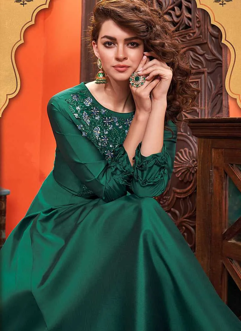 Dark Green Embroidered Art Silk Gown
