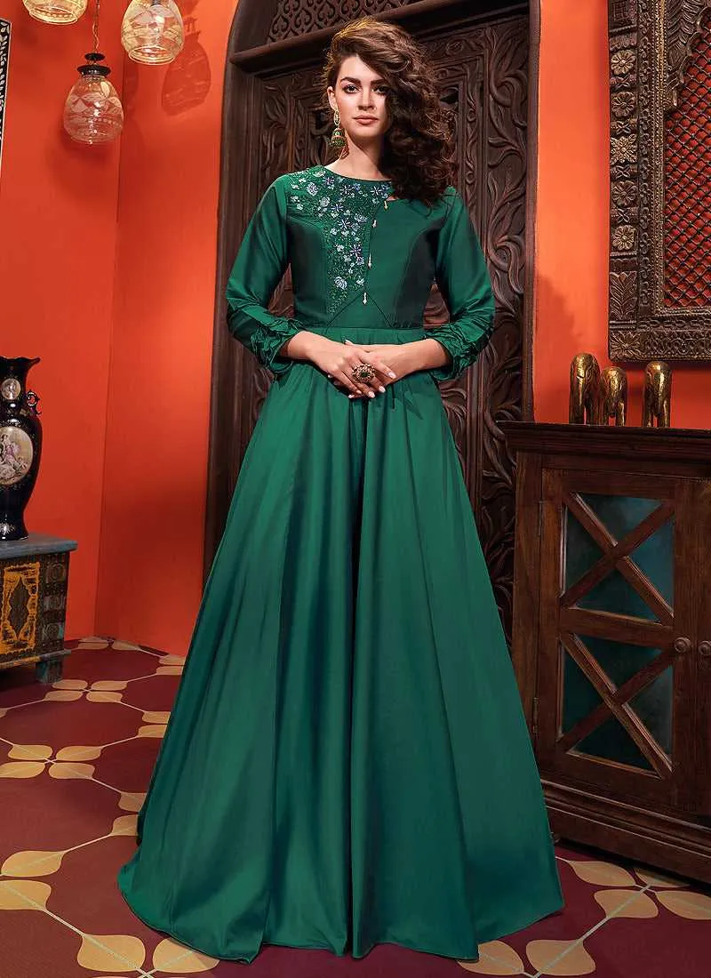 Dark Green Embroidered Art Silk Gown