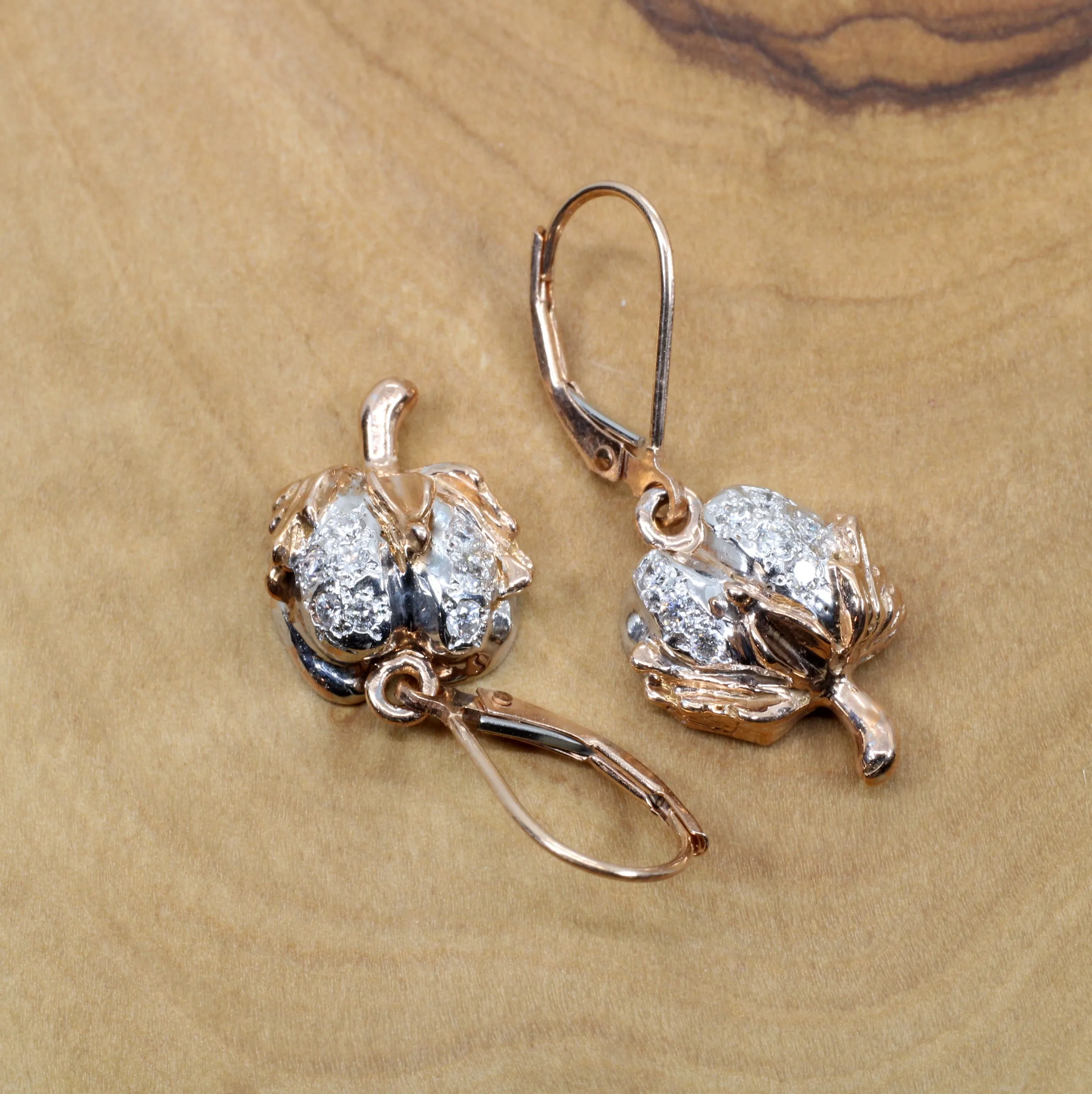 Diamond Cotton Boll Dangle Earrings in Rose Gold with three-dimensional bolls