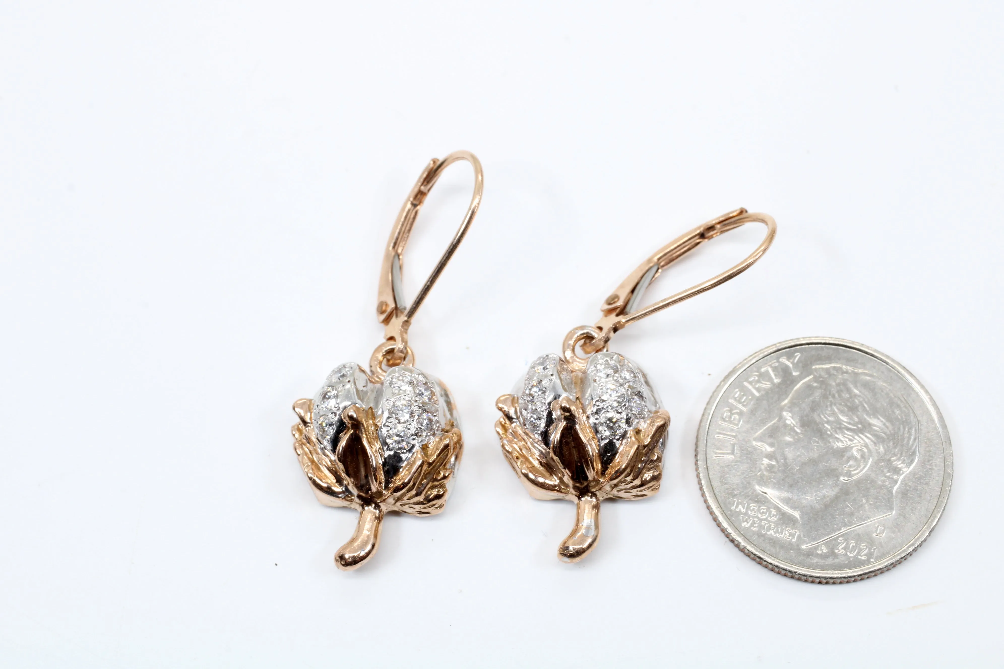 Diamond Cotton Boll Dangle Earrings in Rose Gold with three-dimensional bolls