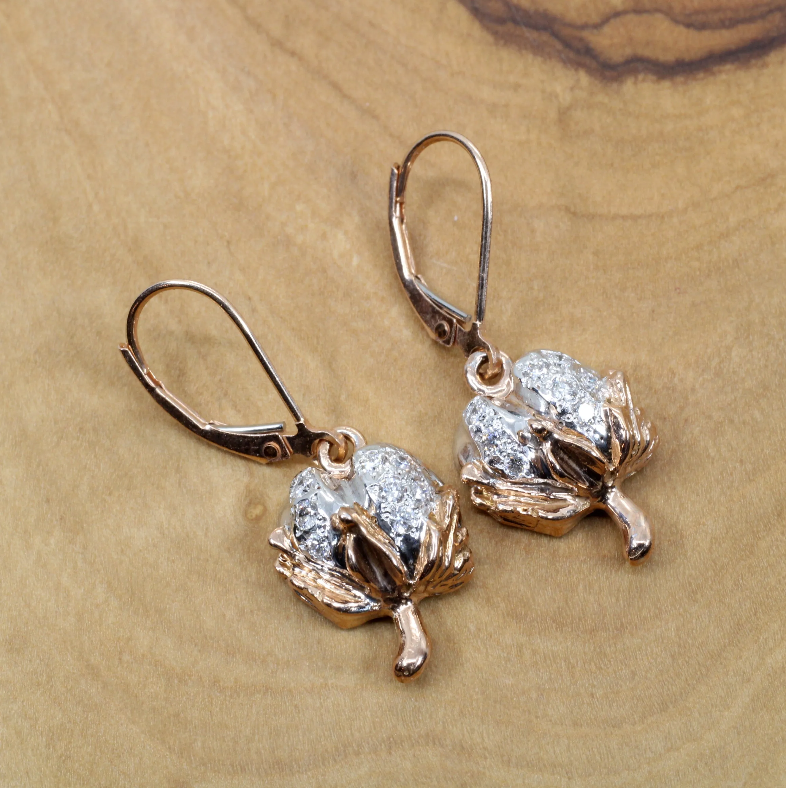 Diamond Cotton Boll Dangle Earrings in Rose Gold with three-dimensional bolls