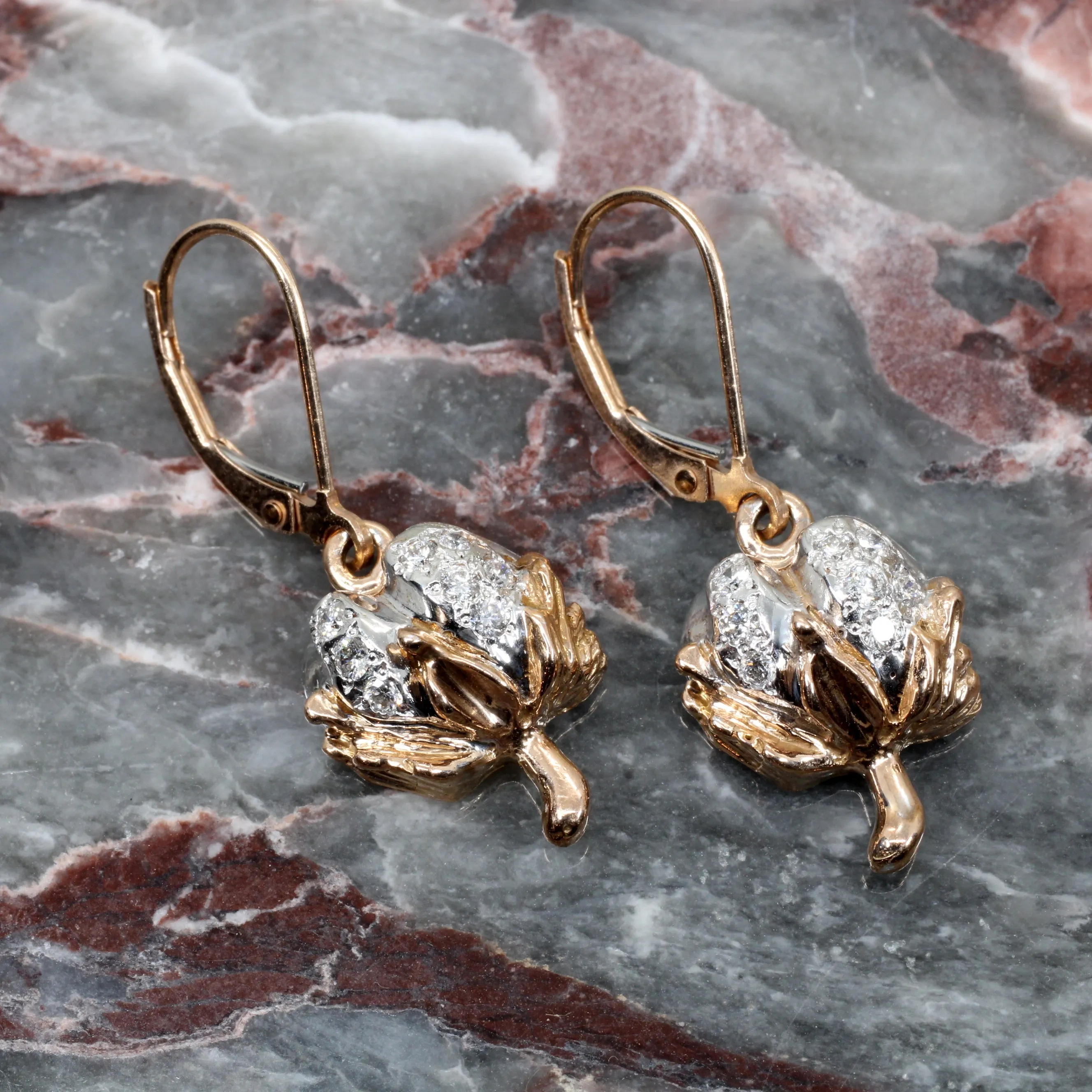 Diamond Cotton Boll Dangle Earrings in Rose Gold with three-dimensional bolls