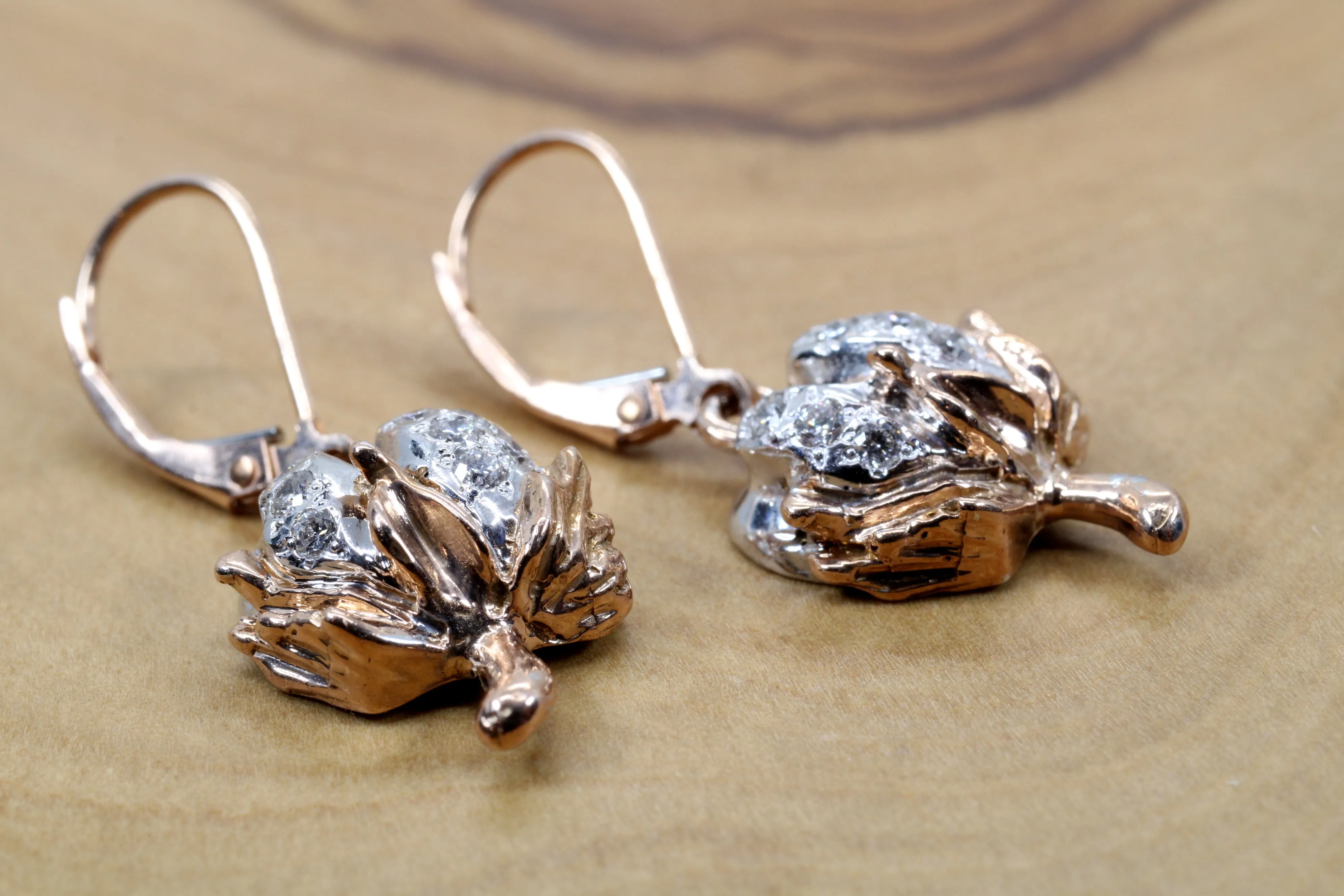 Diamond Cotton Boll Dangle Earrings in Rose Gold with three-dimensional bolls