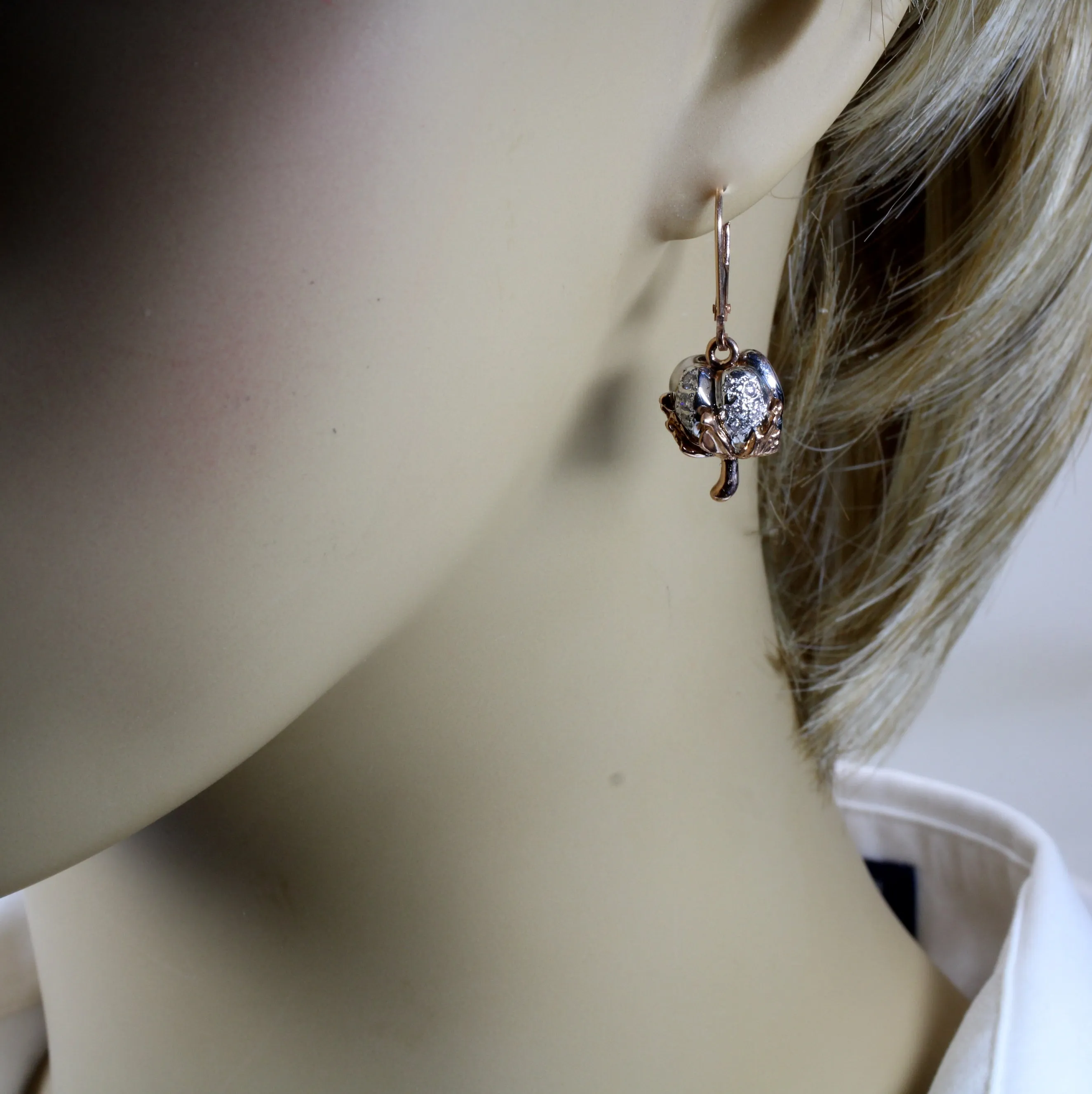 Diamond Cotton Boll Dangle Earrings in Rose Gold with three-dimensional bolls