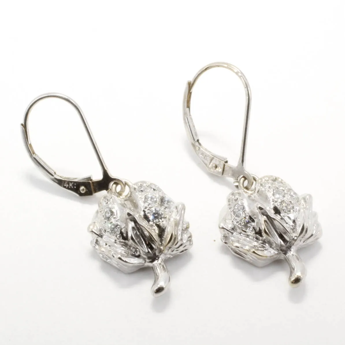 Diamond Cotton Boll Dangle Earrings made in 14kt White Gold