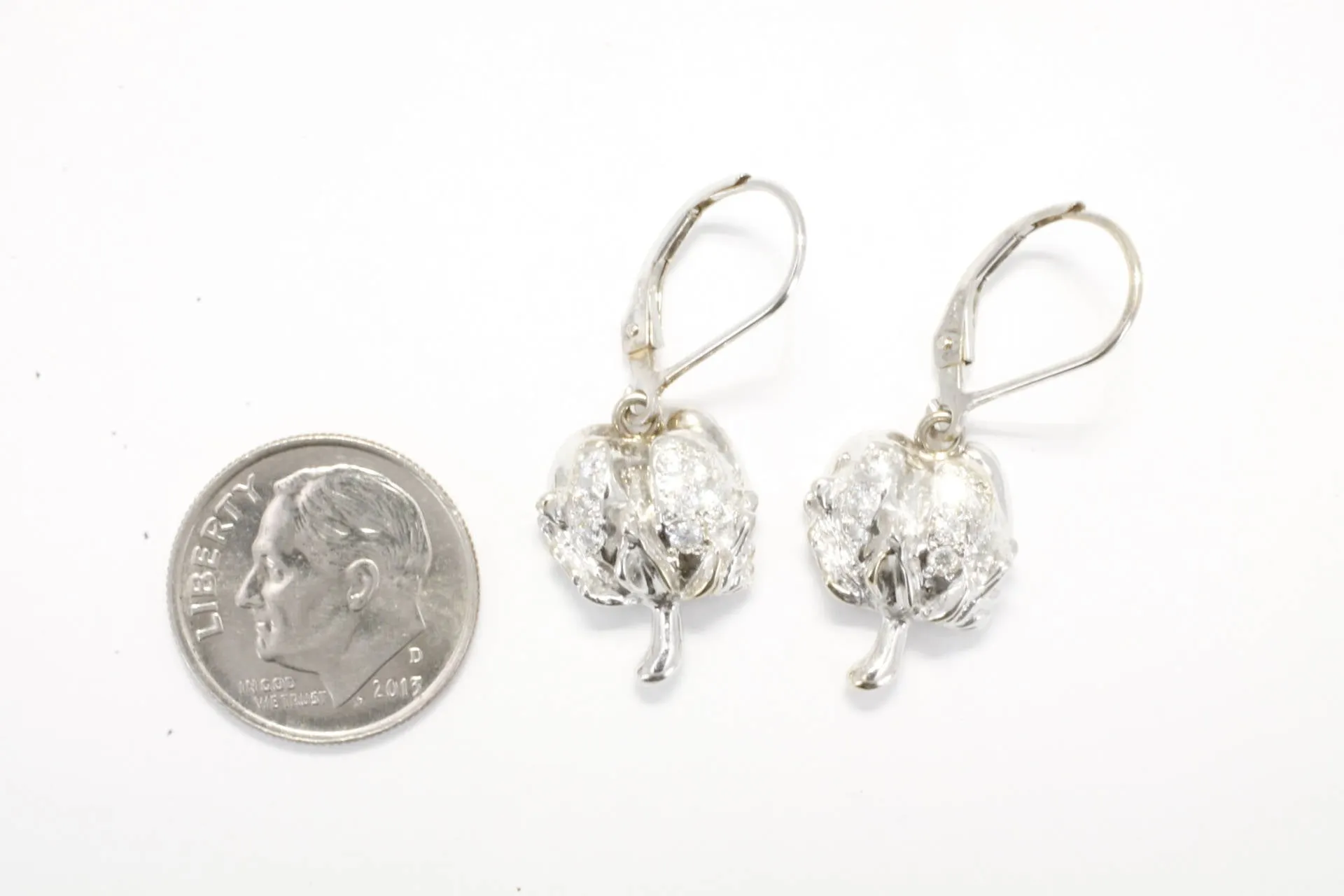 Diamond Cotton Boll Dangle Earrings made in 14kt White Gold