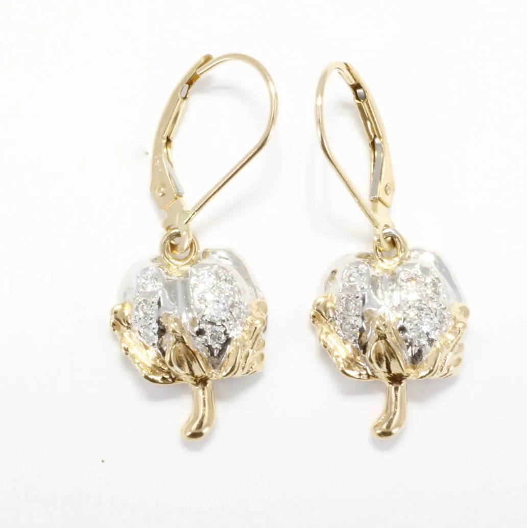 Diamond Cotton Boll Dangle Earrings with three-dimensional bolls