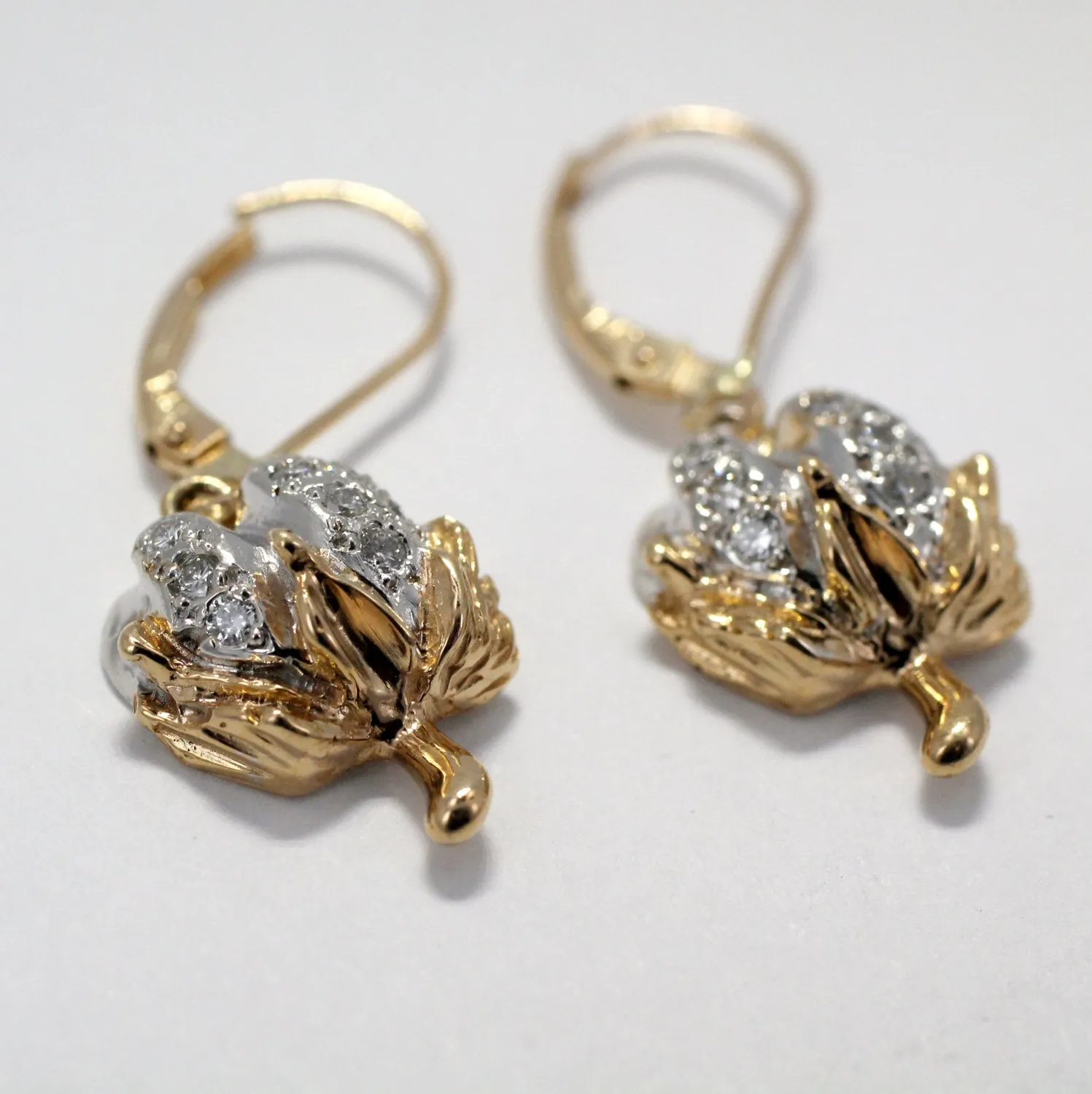 Diamond Cotton Boll Dangle Earrings with three-dimensional bolls