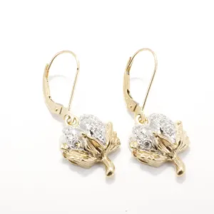 Diamond Cotton Boll Dangle Earrings with three-dimensional bolls