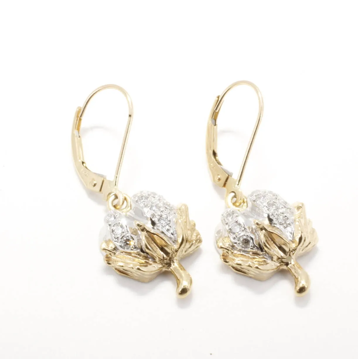 Diamond Cotton Boll Dangle Earrings with three-dimensional bolls