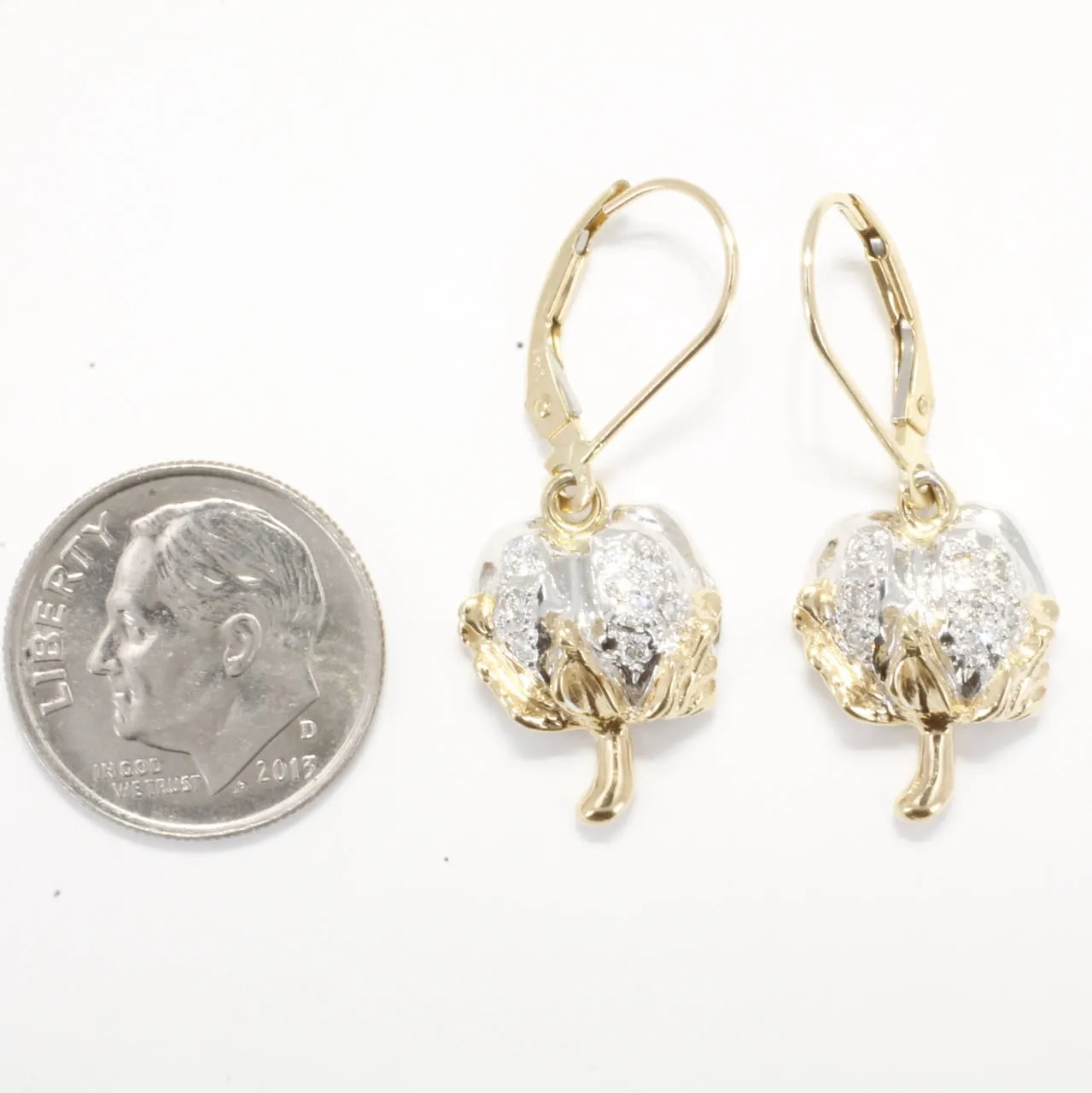Diamond Cotton Boll Dangle Earrings with three-dimensional bolls