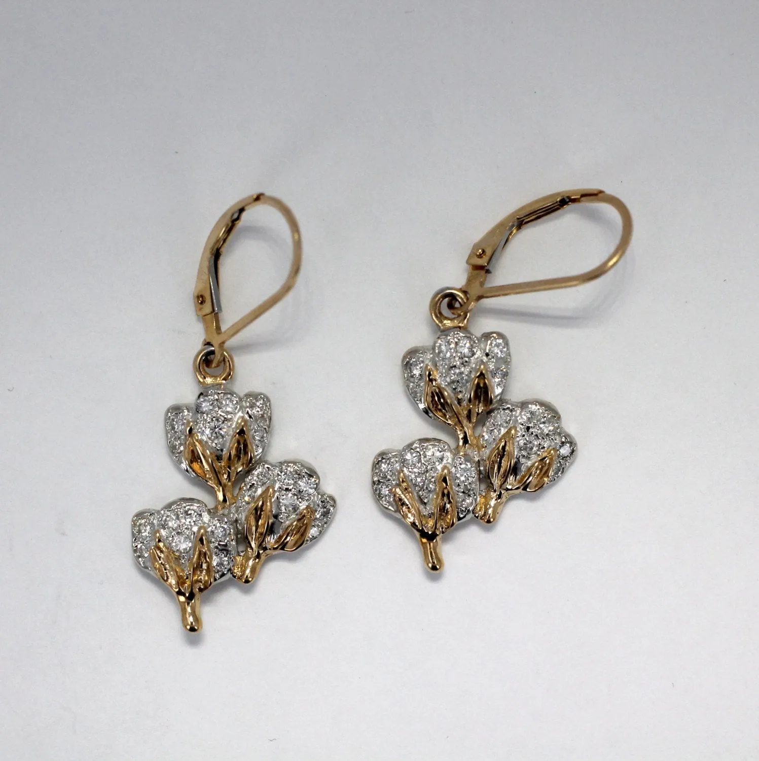 Diamond Cotton Boll Three Boll Dangle Earrings