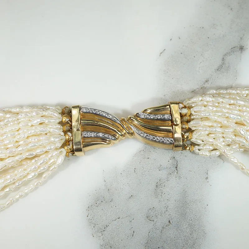 Effervescent Multi Strand Pearl Necklace with Gold & Diamond Clasp