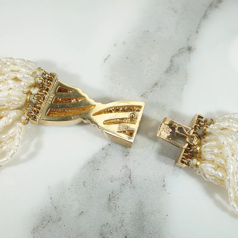 Effervescent Multi Strand Pearl Necklace with Gold & Diamond Clasp