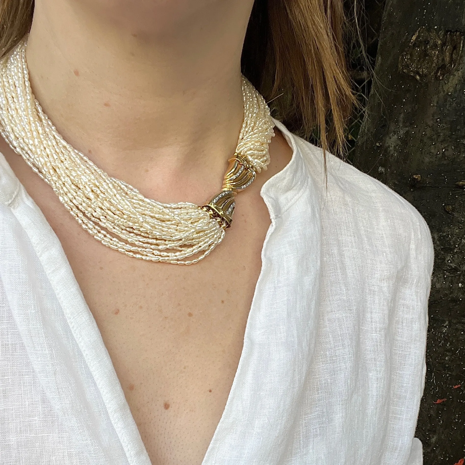 Effervescent Multi Strand Pearl Necklace with Gold & Diamond Clasp