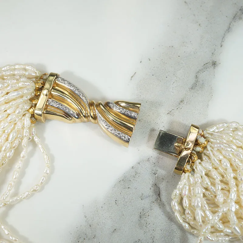 Effervescent Multi Strand Pearl Necklace with Gold & Diamond Clasp