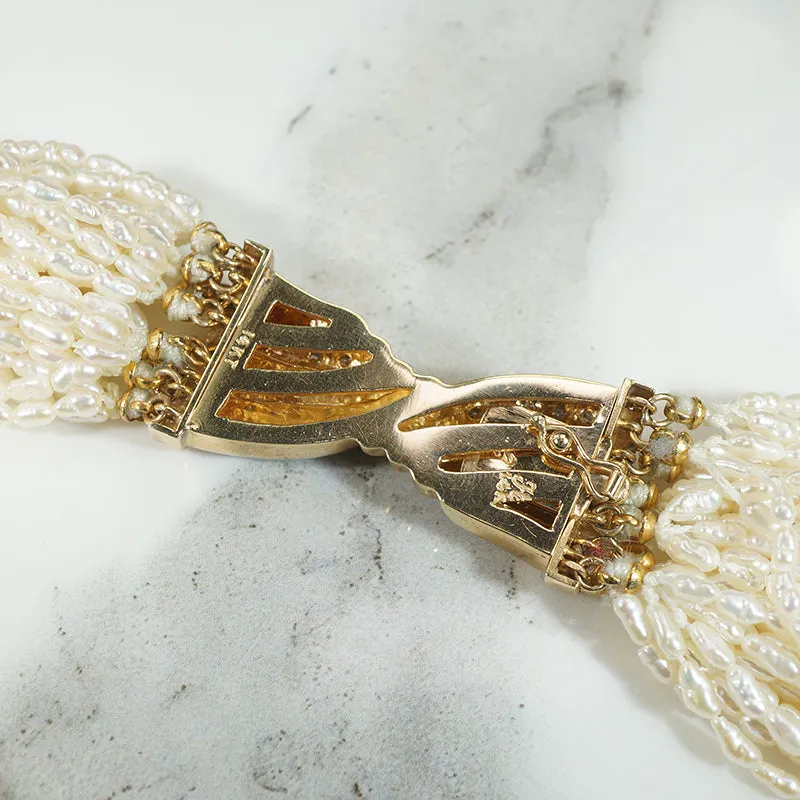 Effervescent Multi Strand Pearl Necklace with Gold & Diamond Clasp