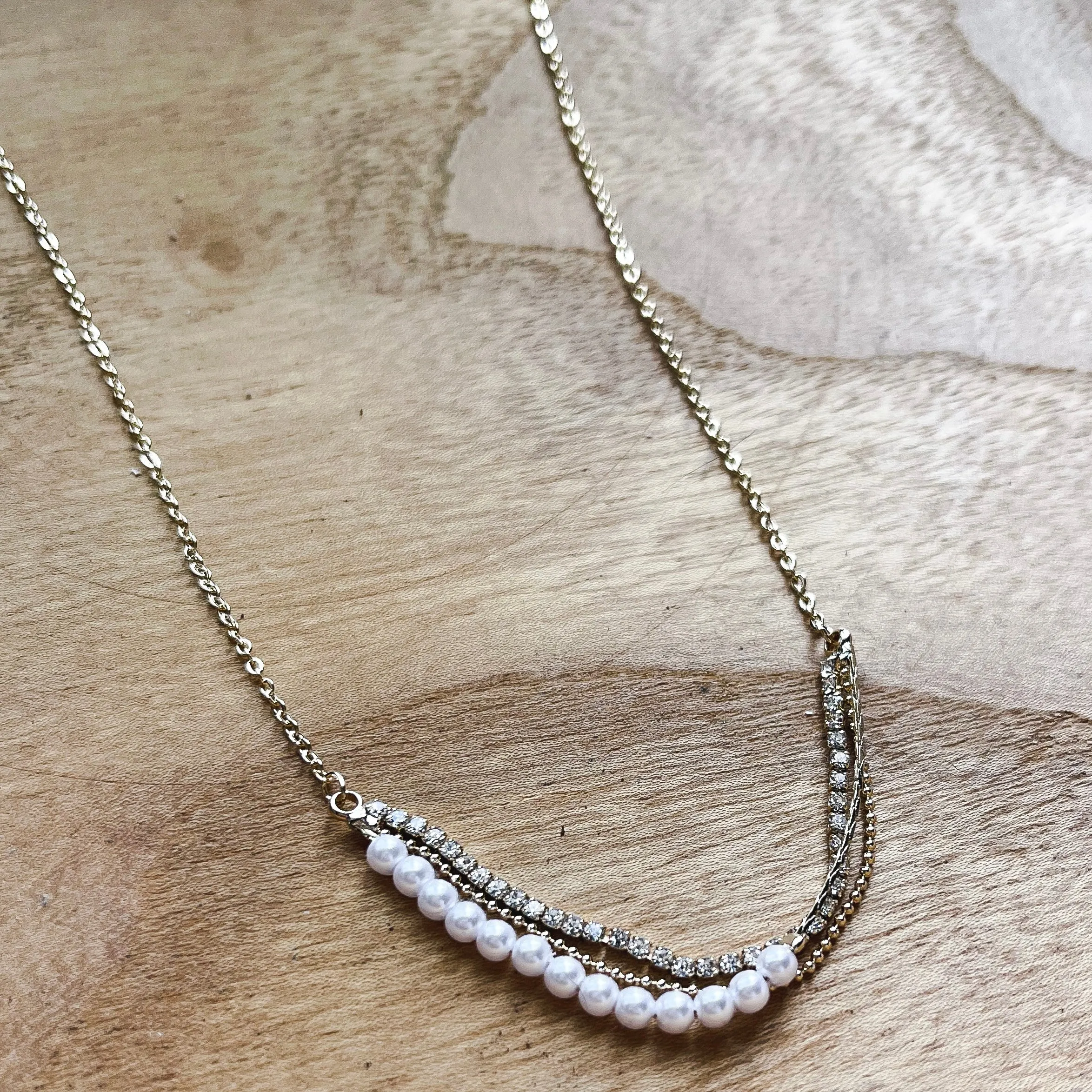 Elegant Gold 3 Chain Pearl & Gem Necklace - LAST ONE