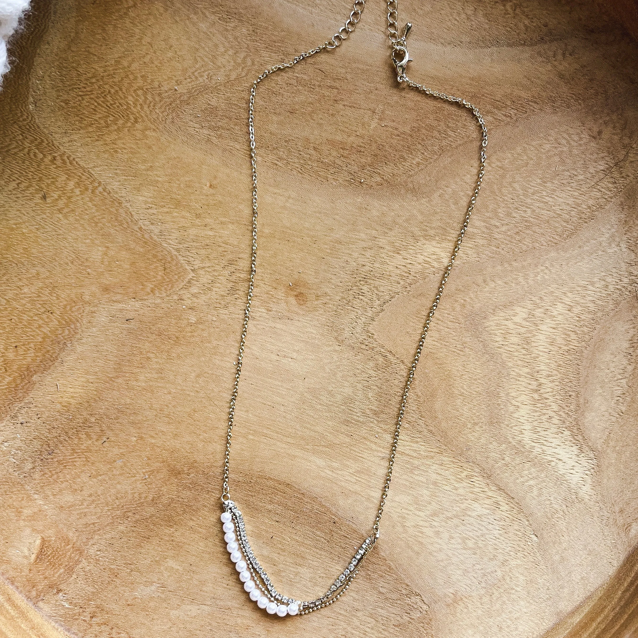 Elegant Gold 3 Chain Pearl & Gem Necklace - LAST ONE